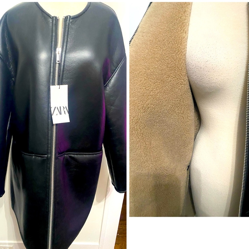 ZARA Double Face Black Faux Leather Coat - Size L - NEW